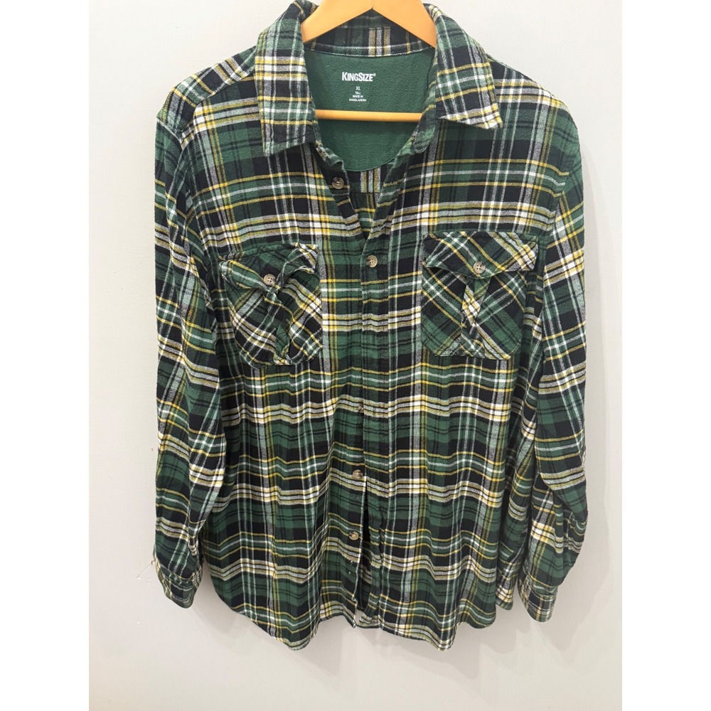 KingSize Men's XL Tall Flannel Shirt Plaid Green Yellow Black